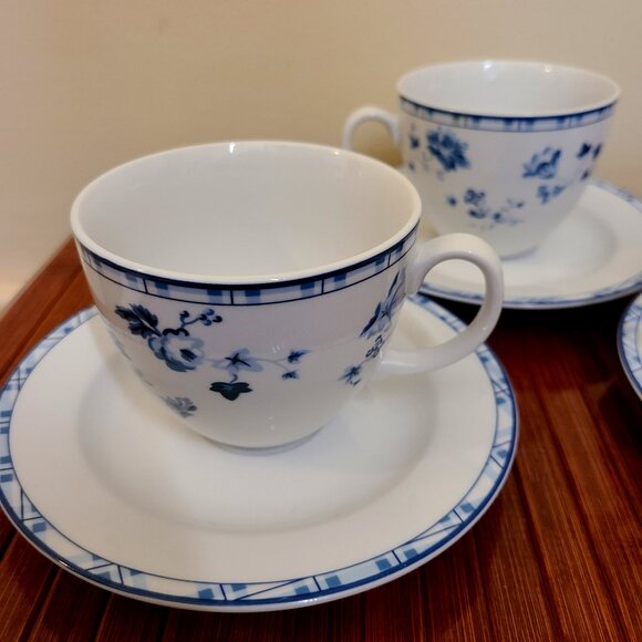 Laura Ashley Sophia Blue White French Country Porcelain Cup & Saucer - Set of 3 - Picture 4 of 11